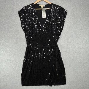 Michael Kors Black Sequin V Neck Wrap Dress Sparkle Glam Party Size 1X‎ NWT